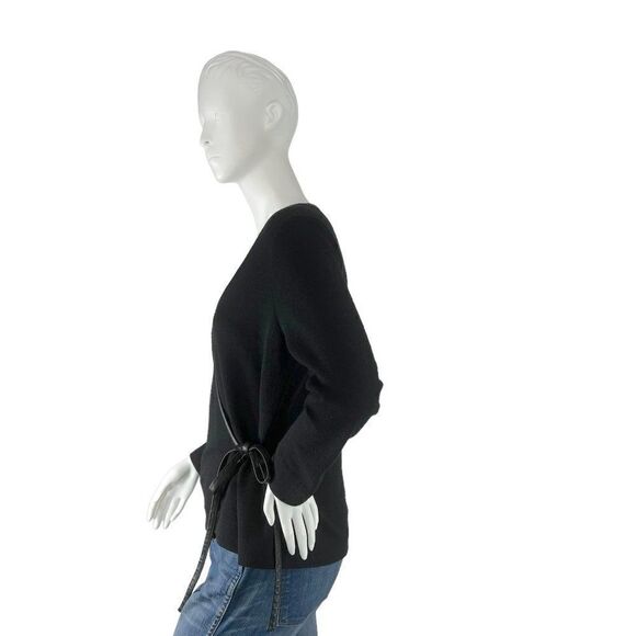 Douglas Hannant Black Merino Wool Crepe Wrap Around Tie Top Leather Trim Size 4 - Picture 3 of 9